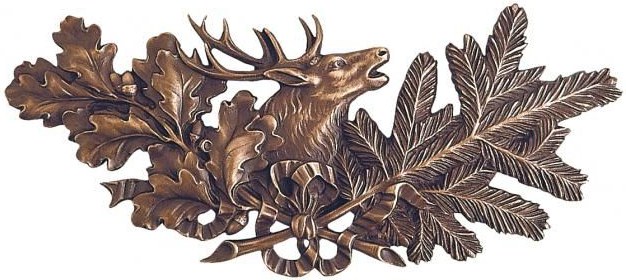 Bronzová ozdoba s jelenem a větvemi dubu, 10×21 cm