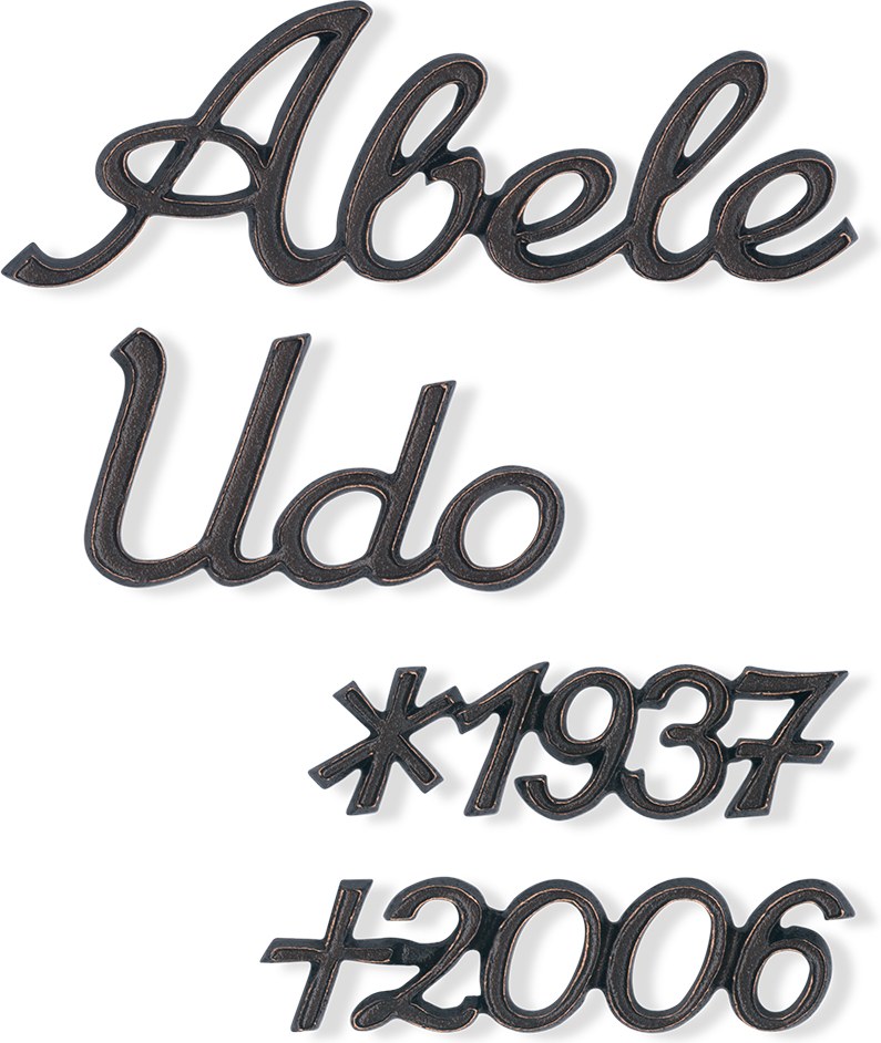 Bronze-Inschrift Abele für Grabmal