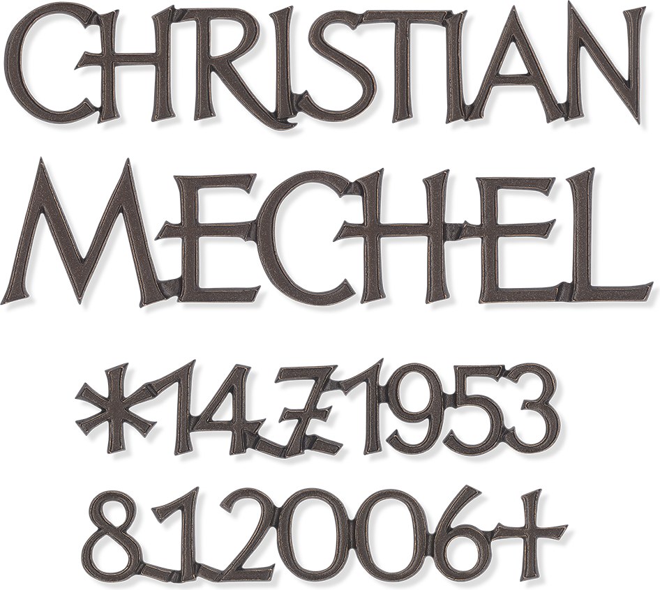 Bronze-Inschrift Mechel für Grabmal, 6–15 mm