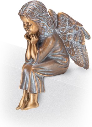 Bronzový sedící anděl na náhrobek, 14,5×6,5×10 cm nebo 19,5×9×14 cm
