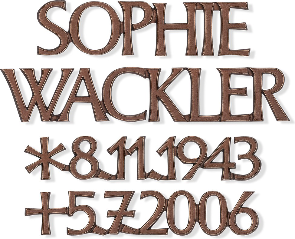 Grabinschrift Wackler, Bronze oder Aluminium, Dicke 6–15 mm