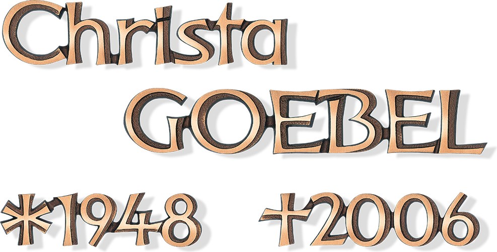 Náhrobní nápis z jednotlivých písmen, bronz nebo hliník