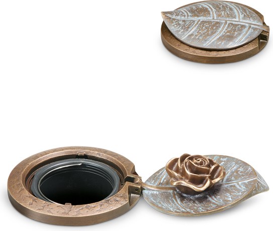 Náhrobní váza s víkem a motivem růže, bronz, Ø 12 cm
